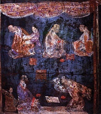 A mural from a Han Dynasty tomb painted with both Han blue and Han purple