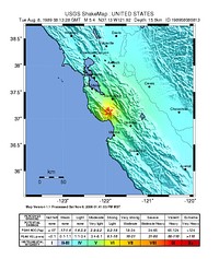 USGS ShakeMaps showing similar intensity patterns for the June 1988 (left) and August 1989 events near Lake Elsman in the Santa Cruz Mountains