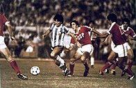 (Left): Both teams starting line-ups; (center): Diego Maradona carrying the ball surrounded by Soviet players; (right): Maradona scoring by free kick