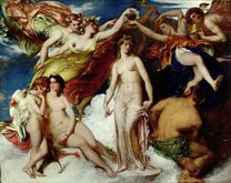 Naked woman surrounded by other nude figures