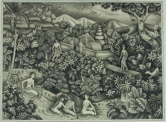 Painting of a woman bathing in a river while a man watches from the side, with a temple in the background