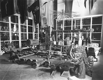 A gamelan set in an exhibition at the museum of the Royal Batavian Society of Arts and Sciences (Now, National Museum of Indonesia), Batavia, circa 1896.