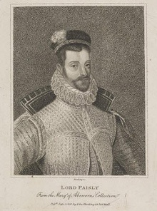 An engraved 3/4-length portrait of a middle-aged man with short hair, beard and moustache wearing a beret, a ruff and an ornate jacket