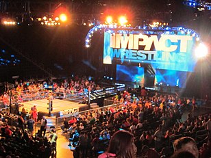 Top: Hulk Hogan and Eric Bischoff were part of the creative team from 2010 to 2013. During their tenure, Dixie Carter (TNA President from 2002 to 2017) would become an on-screen character.Bottom: Under Hogan and Bischoff's tenure, TNA re-branded its flagship program to Impact Wrestling and reintroduced the four-sided ring.