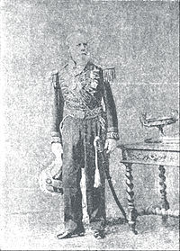 Tintype photograph depicting a full-length portrait of an elderly, bearded man wearing an elaborately embroidered military dress uniform with sword and holding an embroidered and plumed bicorn hat in his right hand