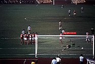 (Left): Both teams starting line-ups; (center): Diego Maradona carrying the ball surrounded by Soviet players; (right): Maradona scoring by free kick