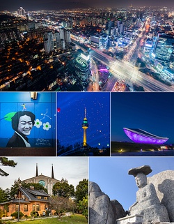 Top: Beomeo Jct, Second: a portrait in Kim Gwangseok Street in Bangcheon Market, Daegu 83 Tower, ARC cultural center in Gangjeongbo riverside area, Bottom: Daegu Jeil Church and surrounding area, Gatbawi Statue in Gwanamsa Temple