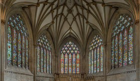 The five windows of the Lady Chapel contain ancient stained glass, mostly fragmentary, except for the central window.