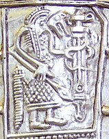 Left image: Probable Ulfheðinn on one of the Torslunda plates.Right image: Possible ulfheðinn on the Gutenstein scabbard [de] (replica).