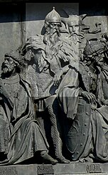 Lithuanian monarchs Gediminas (left) and Algirdas (right) depicted in the Millennium of Russia Monument which was built in Veliky Novgorod in 1862