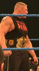 Seven-time and youngest champion Brock Lesnar.Top: Lesnar with the WWE Undisputed Championship belt (2002–2005); he was the last to hold this as the Undisputed Champion as the title became the WWE Championship in September 2002Bottom: Lesnar with the "Network Logo" belt (2014–2023); he was the first wrestler to hold this design