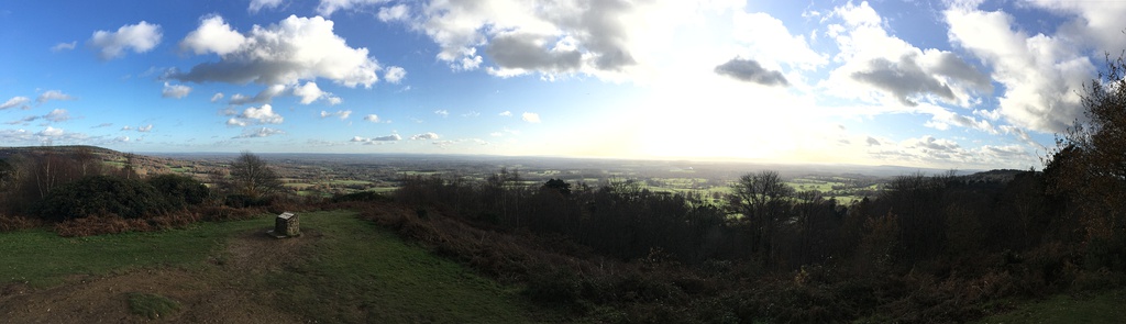  Panorama south from hill fort with Leith Hill on left and Gibbet Hill, Hindhead on horizon extreme right