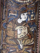 (Left-two images) Oud-family instruments painted in the Cappella Palatina in Sicily, 12th century. Roger II of Sicily employed Muslim musicians in his court, and paintings show them playing a mixture of lute-like instruments, strung with 3, 4 and five courses of strings. (Right) 13th century A.D. image of an Oud, from the 12th century work Bayâd und Riyâd, a larger instrument than those in images at the Cappella Palatina