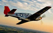 A single nosed-propeller aircraft is in mid-flight above land. The red nose faces right and the underside of the aircraft is slightly in view. The aircraft has black propellers, gray base paint, and black letters reading: "A42". The "4" and "2" are separated by a United States roundel in black with a central white star. The roundel is also visible on the tops of the wings. The full length of the right side of the aircraft is visible.