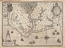 Map of the coast of Virginia and North Carolina, drawn 1585–1586 by Theodor de Bry, based on map by John White of the Roanoke Colony