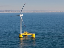 The world's second full-scale floating wind turbine (and first to be installed without the use of heavy-lift vessels), WindFloat, operating at rated capacity (2  MW) approximately 5  km offshore of Póvoa de Varzim, Portugal