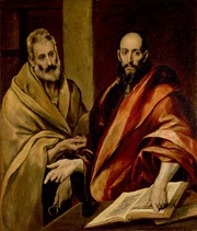 Algunas personalidades del cristianismo primitivo: a la izquierda, Simón Pedro y Pablo de Tarso, figuras excluyentes de los llamados judeocristianismo y cristianismo paulino (representados artísticamente por El Greco); en el centro, Juan el Evangelista, quien encarnó el llamado cristianismo joánico (representado artísticamente por Guido Reni); a la derecha, Marcos el Evangelista y Lucas el Evangelista, a quienes se atribuye tradicionalmente la integración escriturística del complejo cristianismo sinóptico (representados artísticamente por Mathias Stomer).