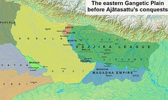 Map of the eastern Gangetic plain before Ajātasattu's conquest of Moriya and of the Vajjika League