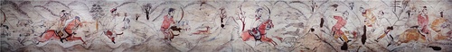 Murals from a tomb of Northern Qi dynasty (550–577) in Jiuyuangang, Xinzhou, showing a rural hunting scene on horseback