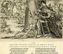 A man is falling from ladder at a tower with a city burning at the background