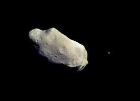  Top: 243 Ida and its moon Dactyl as imaged by Galileo in 1993. Middle: Three radar images of 66391 Moshup. The 'streaks' on the image are the moon's trail as it moved while the images were created. Bottom: Animation of (357439) 2004 BL86 and its moon (left). Animation of (136617) 1994 CC, a trinary asteroid with two moons (middle) Dinkinesh and its contact binary satellite Selam (right).