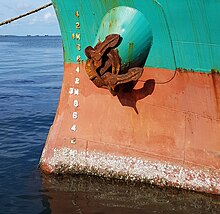 Barnacles on a ship. The resulting biofouling creates drag, slowing the ship and reducing its fuel efficiency.[49]