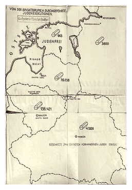 Original map from Franz Walter Stahlecker's Report, summarizing murders committed by Einsatzgruppen in Reichskommissariat Ostland until January 1942.[16] The line of text reads: "Estimated number of Jews still on hand is 128,000". Estonia is marked Judenfrei.