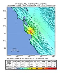 USGS ShakeMaps showing similar intensity patterns for the June 1988 (left) and August 1989 events near Lake Elsman in the Santa Cruz Mountains