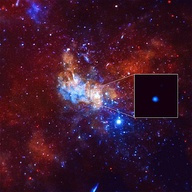 Supermassive black hole Sagittarius A* imaged by the Event Horizon Telescope in radio waves. The central dark spot is the black hole's shadow, which is larger than the event horizon.