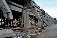 The Cypress Street Viaduct's collapsed upper deck and failed support columns – 42 people died