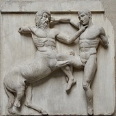 A centaur struggling with a Lapith on a metope from the Parthenon, in the British Museum (London)