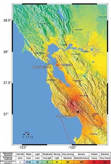 A map showing the earthquake's epicenter in California's Santa Cruz Mountains, and the various levels of earthquake shaking intensity felt in the surrounding region