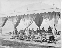 A gamelan ensemble with a group of singers (Sindhen (Female) and Gerong (Male) at the Mangkunegaran Royal Palace in Surakarta, Central Java, between 1870 and 1892