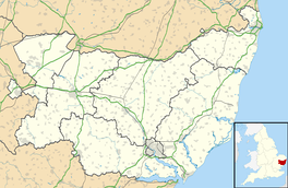 A map showing the location of Hoxne on the northern border of Suffolk in eastern England.