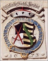 A coat of arms of the Elector of Saxony, over the entrance to the Electoral Hall in Stolpen (Saxony state, Germany).