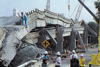 The Cypress Street Viaduct's collapsed upper deck and failed support columns – 42 people died