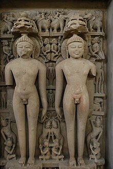 Image of nude non-erotic sculpture at Khajuraho, showing two naked men