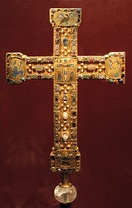 The Essen cross with large enamels with gems and large senkschmelz enamels, c. 1000. Otto II, by the Gregory Master. Apotheosis of Otto III, Liuthar Gospels. Henry II being crowned by Christ, from the Sacramentary of Henry II.