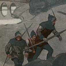 Characters from an illustration by N. C. Wyeth for "Robin Hood" (1917) by Paul Creswick. The look inspired Jerry Robinson's design for Robin.[4]: 83 