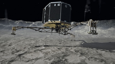 Comet lander Philae showing anchoring harpoons (2) and foot-pad screws (3)