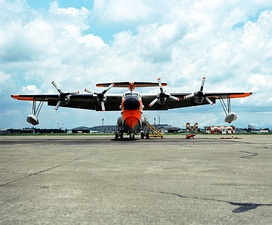 Shin Meiwa US-1A showing inverted spray gutter from nose to behind propellers