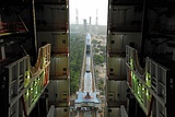 Fully integrated GSLV-F05 coming out of the Vehicle Assembly Building.