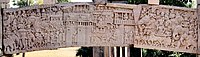 Siege of Kushinagar the capital of the Mallakas by seven Mahajanapadas’ chiefs and their armies for the posthumous possession of relics of Buddha in 4th century BCE. Depiction of the battle Sanchi stupa railing, 1st century BCE.