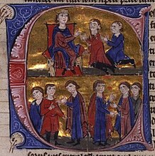 Alexios I Komnenos with Hugh the Great and the Crusaders Counsil, 13th century manuscript.