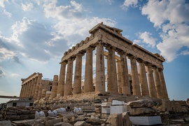 Ancient Greek architecture: The Parthenon on the Acropolis of Athens, made of marble and limestone, c. 460–406 BC