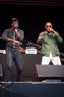 Members Kweli (left) and Yasiin Bey performing at the 2012 Ilosaarirock festival