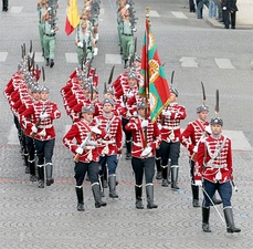 The scarlet uniform of the National Guards Unit of Bulgaria in Paris, France