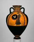 Panathenaic amphora (Archaic); c. 530 BC; ceramic; height: 62.2 cm; Metropolitan Museum of Art[37]