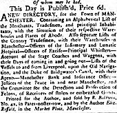 Advert that opens "This day is published, price 6d, A New Directory for the town of Manchester"