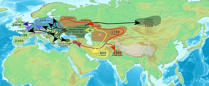  Indo-European migrations, with location of the Afanasievo culture (genetically identical to the Yamnaya culture of the Pontic steppes) and their probable Tocharian descendants.[45]